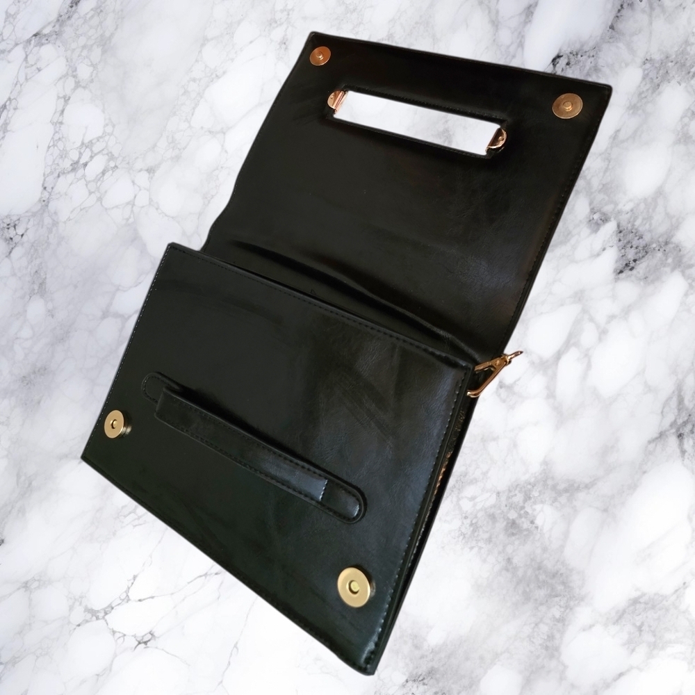Kensie Black Leather Clutch Crossbody Gold Chain Evening Bag Minimalist Chic - Picture 3 of 16